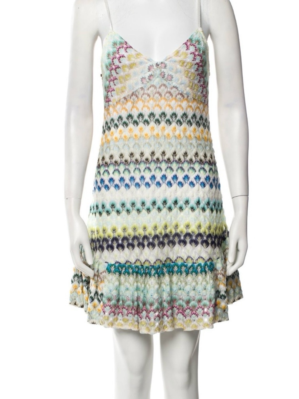 Missoni Multicolor Knit Mini Dress - White Base with Blue, Green, Yellow Accents